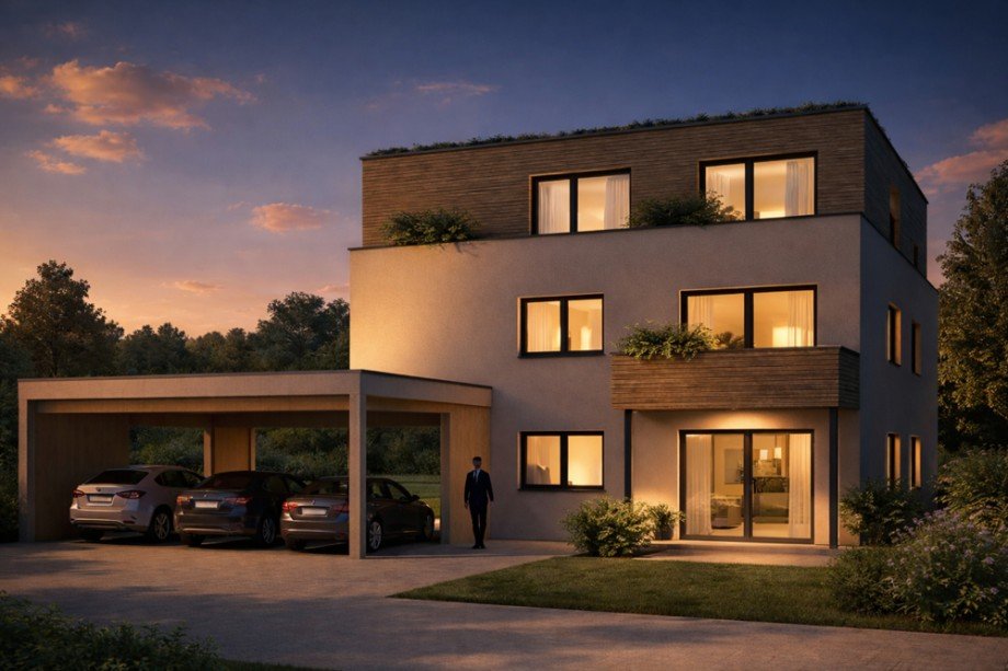 Hausansicht_bei Nacht Penthousewohnung Laupheim