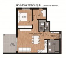 Grundriss mit G�ste-WC Gem�tliche 3-Zimmer Wohnung / Balkon / Neubau / KfW-40
